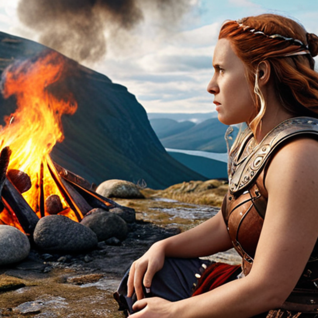 **Image Prompt:** Frigg, a kind-looking woman, travels the world, asking various natural elements like rocks and fire to swear not to harm Baldur. The scene should evoke a sense of maternal love and protectiveness. In the background, you can see Asgard.
