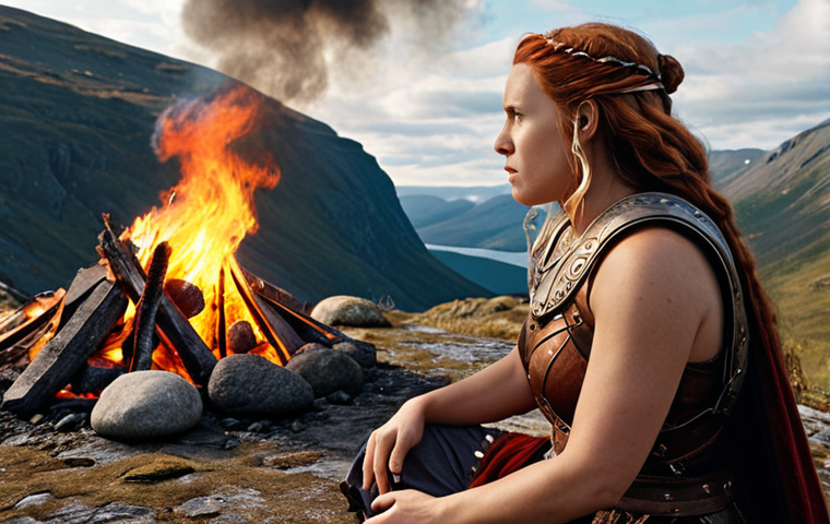 **Image Prompt:** Frigg, a kind-looking woman, travels the world, asking various natural elements like rocks and fire to swear not to harm Baldur. The scene should evoke a sense of maternal love and protectiveness. In the background, you can see Asgard.