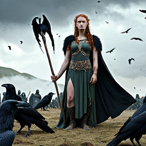 Home 6 **A majestic, ethereal depiction of Morigan, the Celtic goddess, standing on a battlefield overlooking fallen warriors. She is surrounded by ravens and holds a spear, symbolizing her power over war and fate. Her expression is both powerful and sorrowful.**