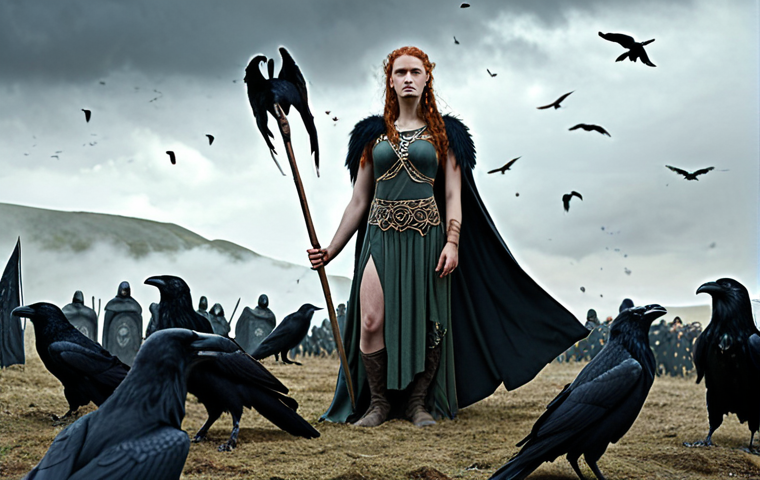 **A majestic, ethereal depiction of Morigan, the Celtic goddess, standing on a battlefield overlooking fallen warriors. She is surrounded by ravens and holds a spear, symbolizing her power over war and fate. Her expression is both powerful and sorrowful.**
