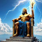 **

A majestic, fully clothed Zeus seated on a throne atop Mount Olympus, holding a lightning bolt. Background shows a panoramic view of clouds and a radiant sky. Appropriate attire, safe for work, perfect anatomy, correct proportions, professional digital art, high resolution.

**