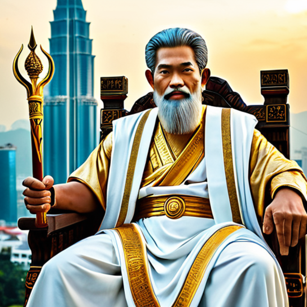 올림포스 12신의 역할 - Zeus**

"Zeus, the king of the gods, depicted as a wise and benevolent leader. He is seated on a maj...