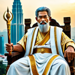 올림포스 12신의 역할 - Zeus**

"Zeus, the king of the gods, depicted as a wise and benevolent leader. He is seated on a maj...