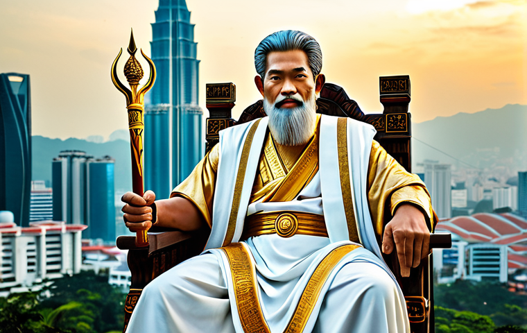 올림포스 12신의 역할 - Zeus**

"Zeus, the king of the gods, depicted as a wise and benevolent leader. He is seated on a maj...